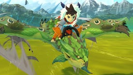 The player character soars over green fields on the back on a green dragon in Monster Hunter Stories' remaster on PC