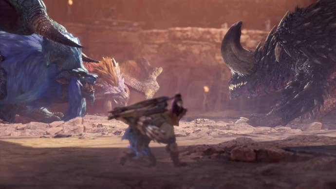 A character and a monster in Monster Hunter World.