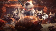 A proud felyne chef presents a roast turkey in a Monster Hunter: World screenshot.
