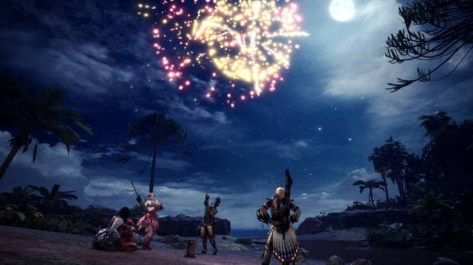 Characters watch fireworks in Monster Hunter World.