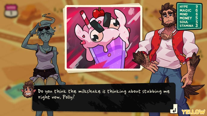 A milkshake with an extremely evil expression on its face (yes, the milkshake has a face) menaces Polly and Scott in Monster Prom 3: Monster Roadtrip.