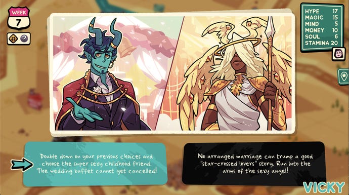 A pop-up choice in Monster Prom 3 prompts you to choose between a demonic childhood friend and an angelic suitor at a wedding.