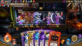 A screenshot of Monster Train's The Last Divinity DLC, showing the cut through of a train as monsters face off and a row of cards along the bottom of the screen.