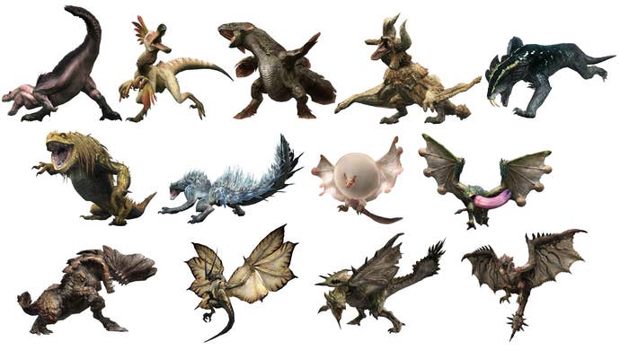 Une sélection de monstres qui viendront dans la version de lancement de Monster Hunter Now, présentés sous forme de grille.