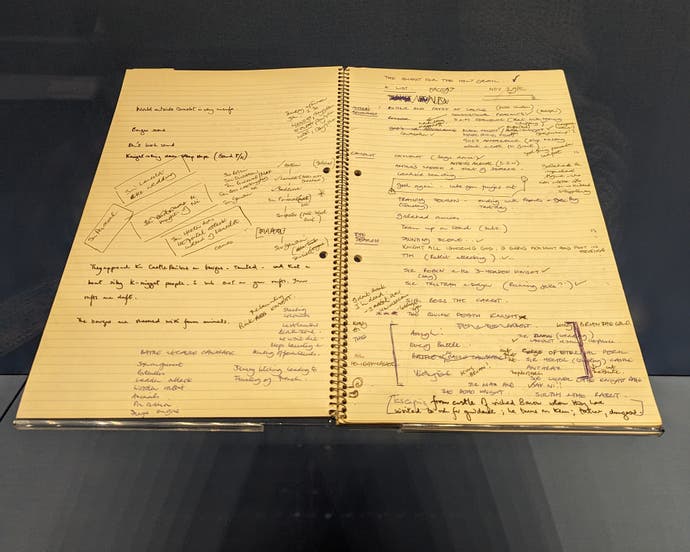 A photograph of an original Monty Python and the Holy Grail script, on display in the British Library. It's pretty unspectacular. It's in a kind of ring-bound and lined A4 notepad, and it's filled with notes and scribbles going off in all different directions. I bet there are some good jokes in there somewhere.