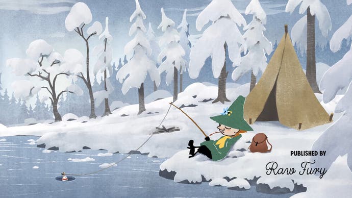 Una imagen de la secuencia de introducción extendida de Snufkin: Melody of Moominvalley, que muestra al personaje Snufkin recostado con las piernas cruzadas mientras pesca en un río helado y su tienda de campaña se encuentra en un terreno nevado cercano.