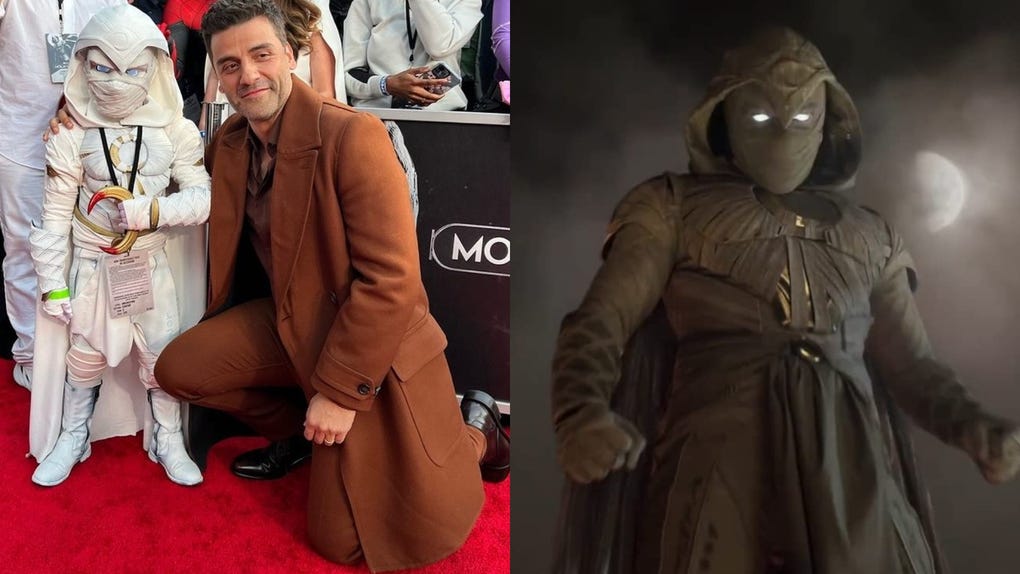 Oscar Isaac with cosplayer logandominiccosplay at the Moon Knight premiere in Hollywood, CA.