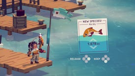 A screenshot of Moonglow Bay showing a person at the end of a pier holding a fishing rod, looking happy, while a UI element announces that a new fish species has been discovered.