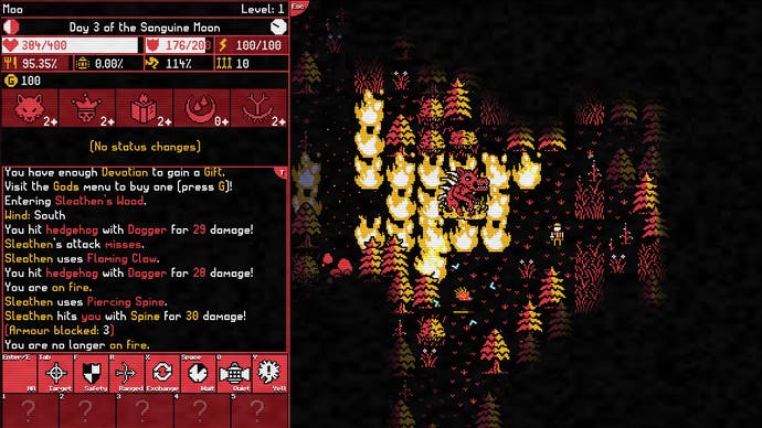 Moonring official screenshot showing a red devil in a flaming forest on the right, and box of text on the left, in retro black-background style.