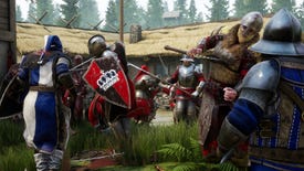 Warriors in a variety of medieval battle garments, but clearly depicted as belonging to "red" and "blue" teams, fight a furious and bloody battle in a courtyard hemmed in by thatch-roofed buildings.