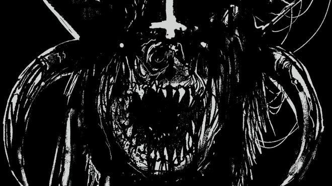 The cover of Mork Borg: Bare Bones Edition shows the gaping maw of a demon scratched in stark, jagged lines.