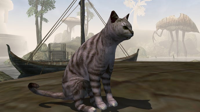 Stripes the cat sits before a silt strider in a Morrowind mod screenshot.