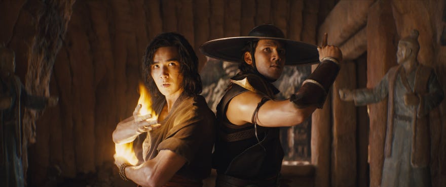 A still showing two characters from the Mortal Kombat movie.