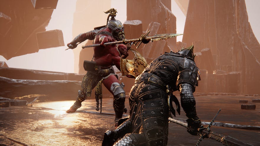 A warrior dodges a spear stab from a red, dual-headed monster in Mortal Shell