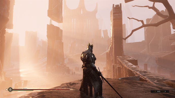 A player looks out at a ruined city in Mortal Shell.