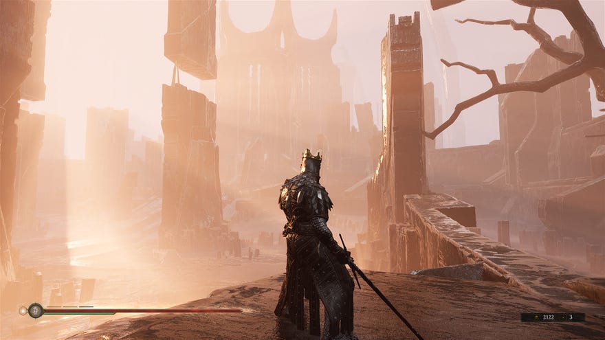 A player looks out at a ruined city in Mortal Shell.