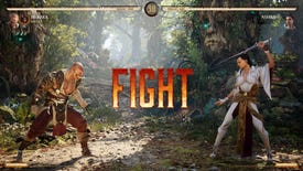 Baraka and Ashrah square off in a jungle at the start of a fight in Mortal Kombat 1