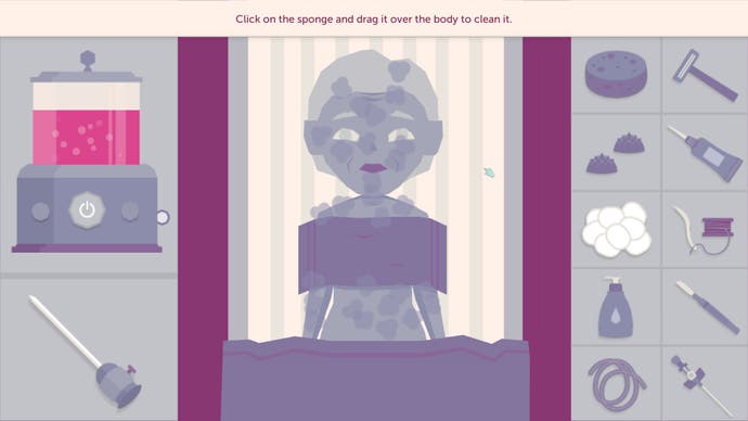 An almost cartoon-like depiction of a body on a mortician's table, awaiting treatment. An almost cartoon-like depiction of a body on a mortician's table, awaiting treatment.