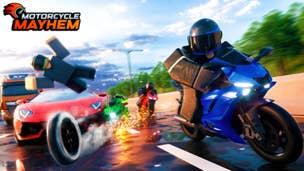 Artwork for Motorcycle Mayhem showing Roblox characters riding a motorbike.