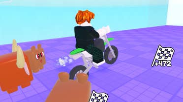 A Roblox character riding a motorbike in the game Motorcycle Race.
