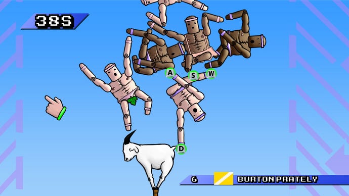 A tangle of players atop a goat in Mount Your Friends.