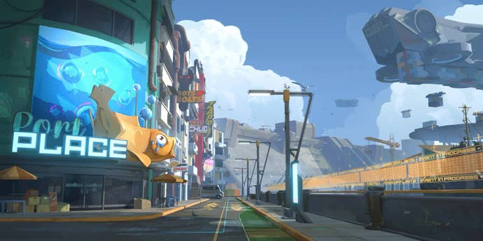 Concept art; a high street pulls off into the distance on the left, hosting various retail mascots and shop frontages. A road runs down the middle, then on the right, a series of sci-fi ships hover over a futuristic construction yard.