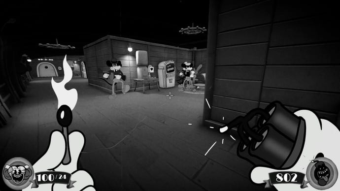 Der Spieler bereitet sich darauf vor, im Cartoon-Shooter Mouse eine Stange Dynamit anzuzünden