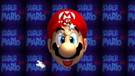 The loading screen of Super Mario64, with a smiling Mario staring at a star. The star is casting a light on his face.