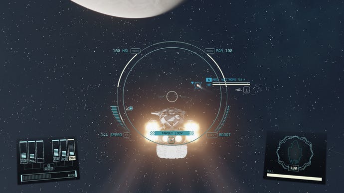 The player flying through space in Starfield, with another ship in the distance and a planet at the top of the screen.