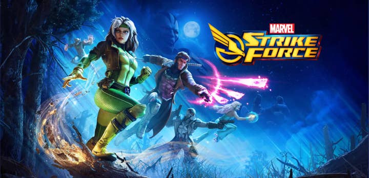 Marvel Strike Force promo art with Rogue and Gambit striking poses