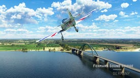 A screenshot showing a plane in Microsoft Flight Simulator flying past the Fehmarn Sound Bridge in Germany.