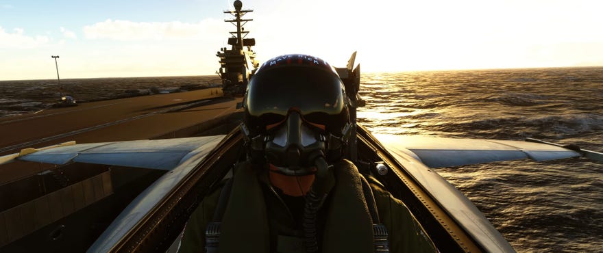 A still from the Microsoft Flight Simulator trailer showing Maverick taking off from an aircraft carrier in a fighter jet in the Top Gun: Maverick tie-in expansion.