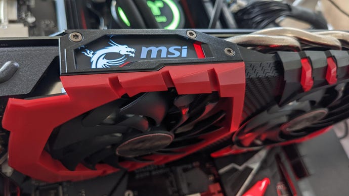 A close-up of the MSI logo on an MSI Radeon RX 580 Gaming X graphics card.