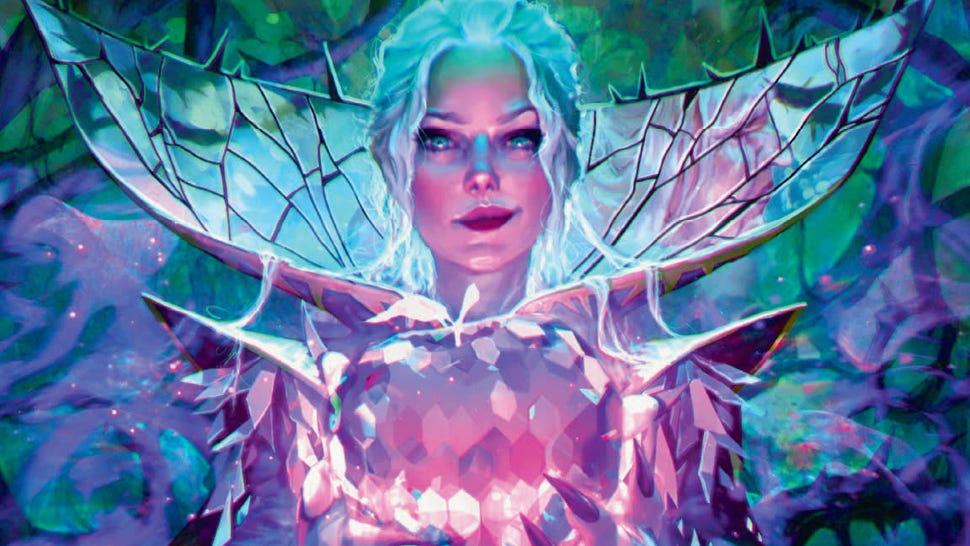 Artwork for the Wilds of Eldraine Magic the Gathering set, showing an adult fairy holding a huge crystal.