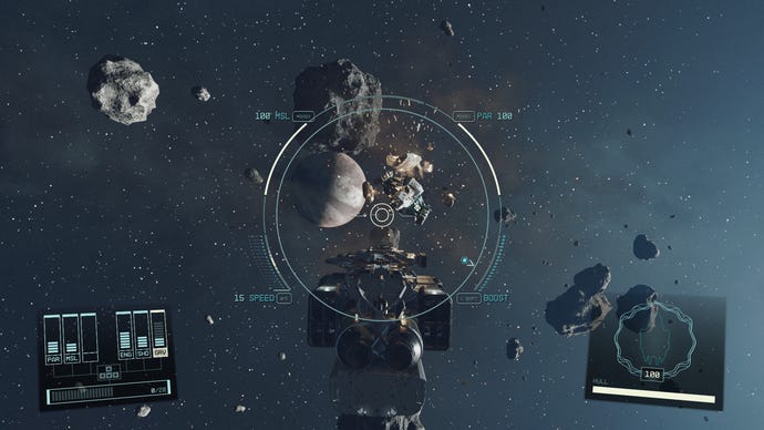 The player blowing up another ship in Starfield against a backdrop of asteroids.