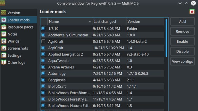 A screenshot of the MultiMC launcher for Minecraft, showing a list of installed mods.