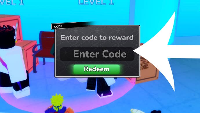 Arrow pointing at the codes menu in the Roblox game Multiverse Defenders.