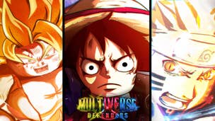 Artwork showing a trio of anime characters from Dragon Ball Z, One Piece and Naruto alongside the logo for Roblox game Multiverse Defenders.
