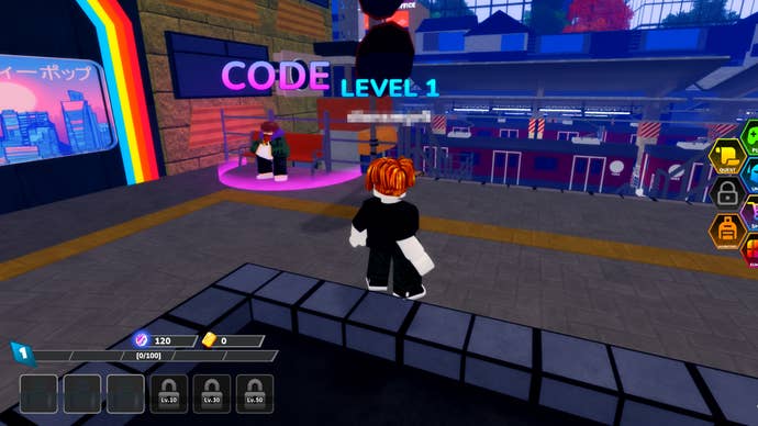 Персонаж Roblox в Multiverse Defenders рядом с областью карты, в которую игрокам необходимо войти, чтобы открыть меню «Коды».