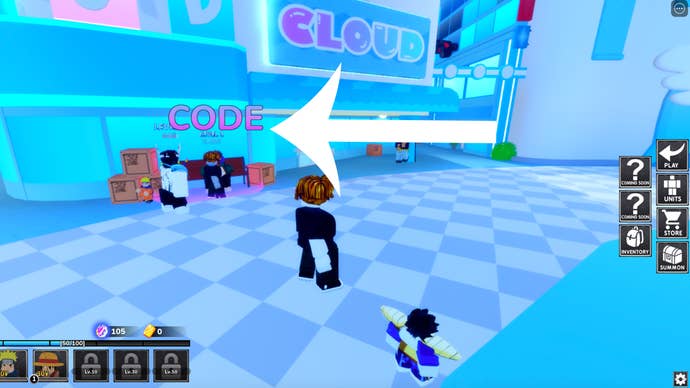 Arrow pointing at the location players can redeem codes in Roblox game Multiverse Defenders.