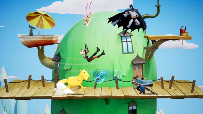 Batman, Harley Quinn, Arya Stark, and Jake the dog battling in a MultiVersus screenshot.