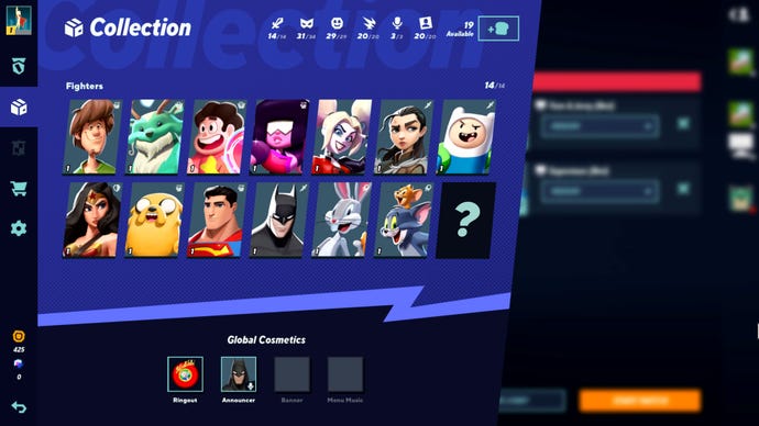 The character select screen in a MultiVersus screenshot.