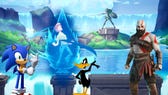 Shaggy from MultiVersus uses a special defense move, while Sonic, Daffy and Kratos stand in front.