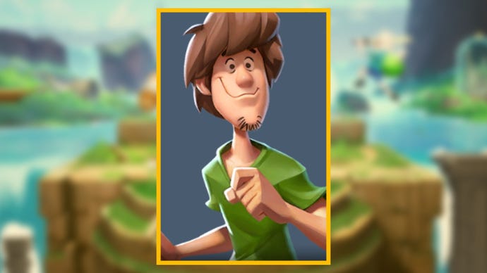 The character portrait of Shaggy, a playable character in MultiVersus, against a blurred background.