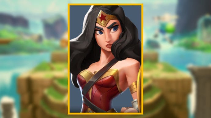 The character portrait of Wonder Woman, a playable character in MultiVersus, against a blurred background.