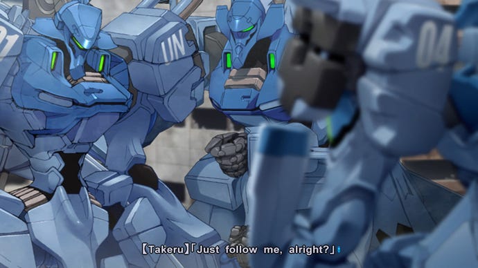 A group of steely blue battle robots in Muv-Luv