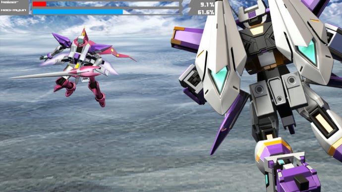 Two mechs fighting in mid air in Muv-Luv