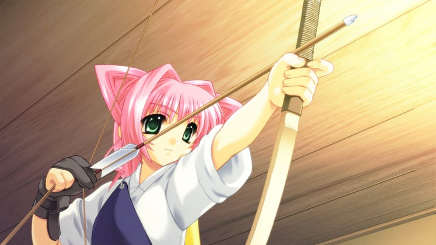 A girl with pink hair and cat ears aiming a drawn bow in Muv-Luv