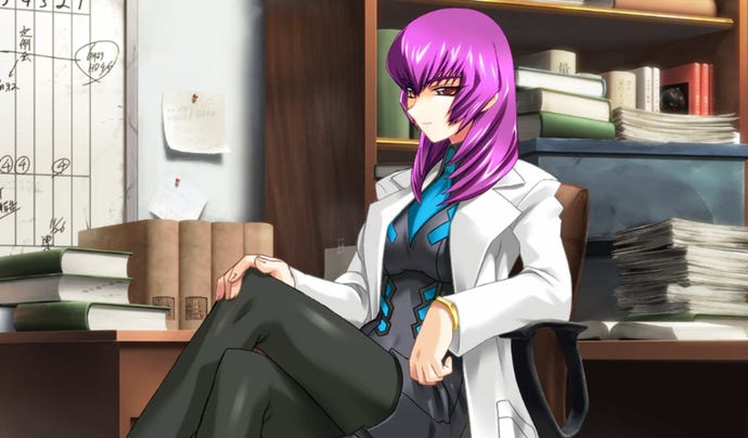 A purple-haired woman in a futuristic looking body suit under a white lab coat, sitting in a chair in an office in Muv-Luv