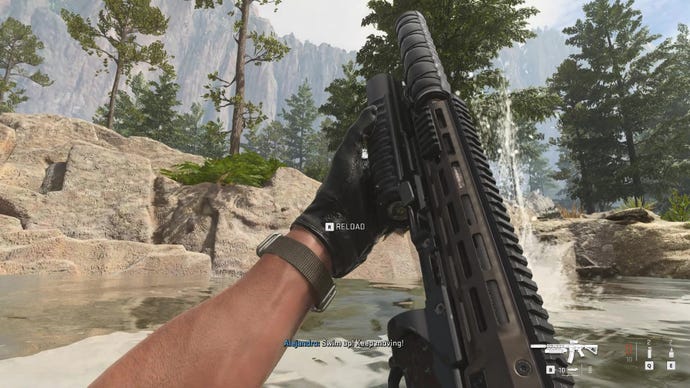 A screenshot from Modern Warfare 2 (2022) which shows the player reloading their assault rifle underbarrel while floating downriver.